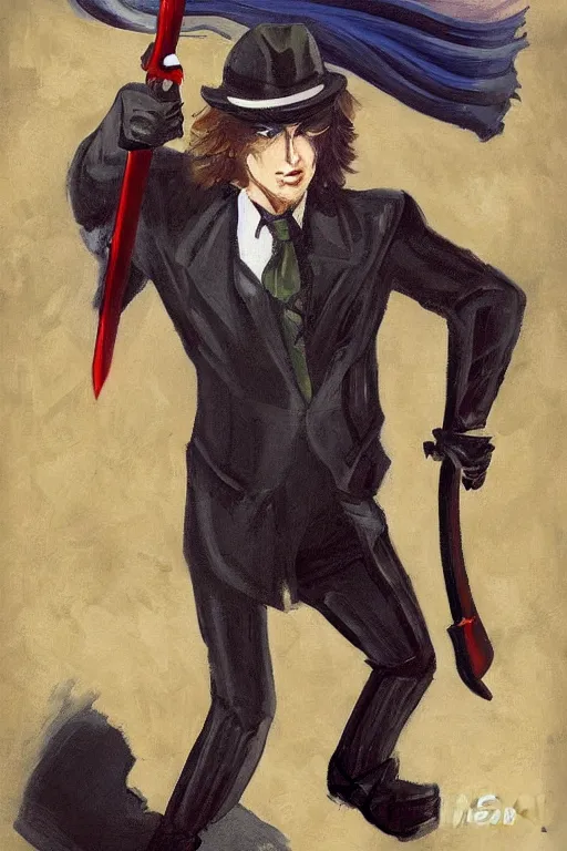 Image similar to speedwagon holding a sword, painting