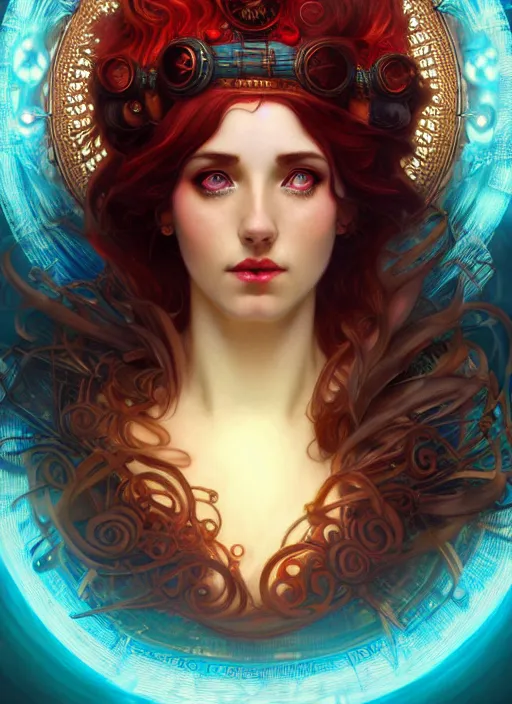 Image similar to the goddess hestia, hair on fire, steampunk, glowing eyes, beautiful eyes, volumetric lights, red and cyan theme, art nouveau botanicals, intricate, highly detailed, digital painting, artstation, concept art, smooth, sharp focus, cinematic, illustration, beautiful face, art by artgerm and greg rutkowski and alphonse mucha