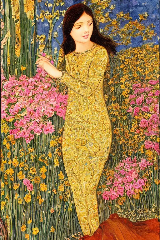 Prompt: girl waer detailed golden arabesque dress with a lot of narcissus in persian pot, persian painting