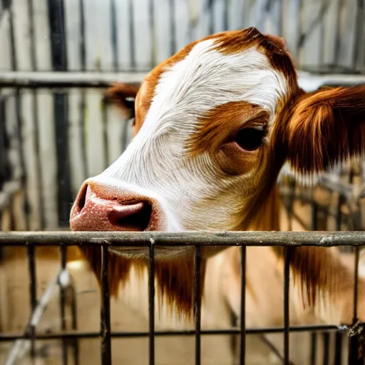 Image similar to calf inside a cage looking a bottle of milk