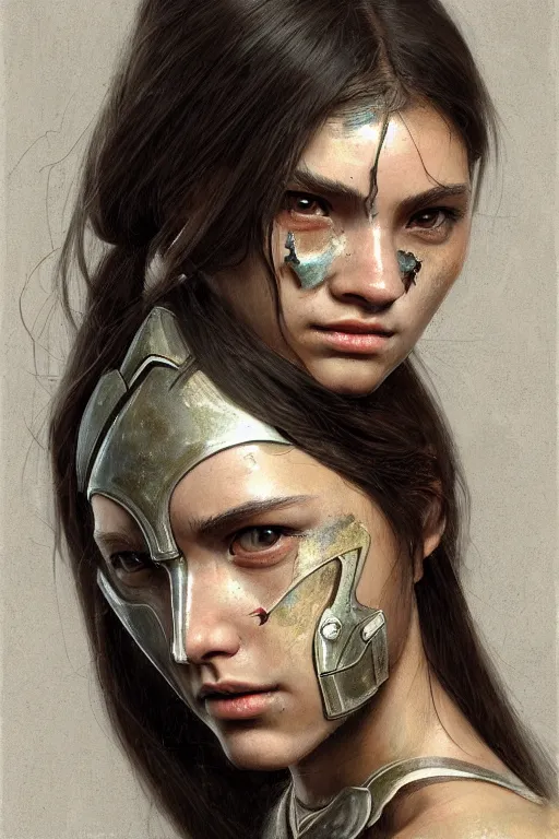 Image similar to a photorealistic painting of an attractive young girl, partially clothed in battle armor, olive skin, long dark hair, beautiful bone structure, symmetrical face, perfect eyes, intricate, elegant, digital painting, concept art, illustration, sharp focus, minimal artifacts, from Metal Gear, in the style of Ruan Jia and Mandy Jurgens, by Greg Rutkowski, trending on Artstation, award winning