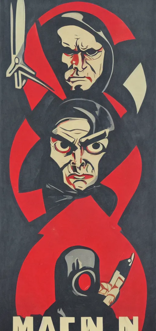 Prompt: man in hood and red eyes with a knife, 1940s propaganda poster, full hd,highly detailed