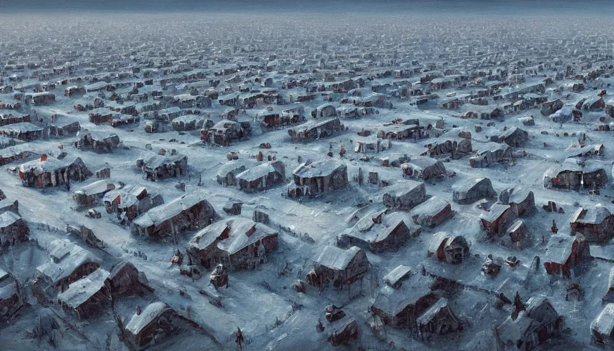 Prompt: an extremely detailed painting by cedric peyravernay of a large array of houses in a contested territory between the soviet union and america, snowy landscape, authoritarian vibes, extremely detailed, 4 k