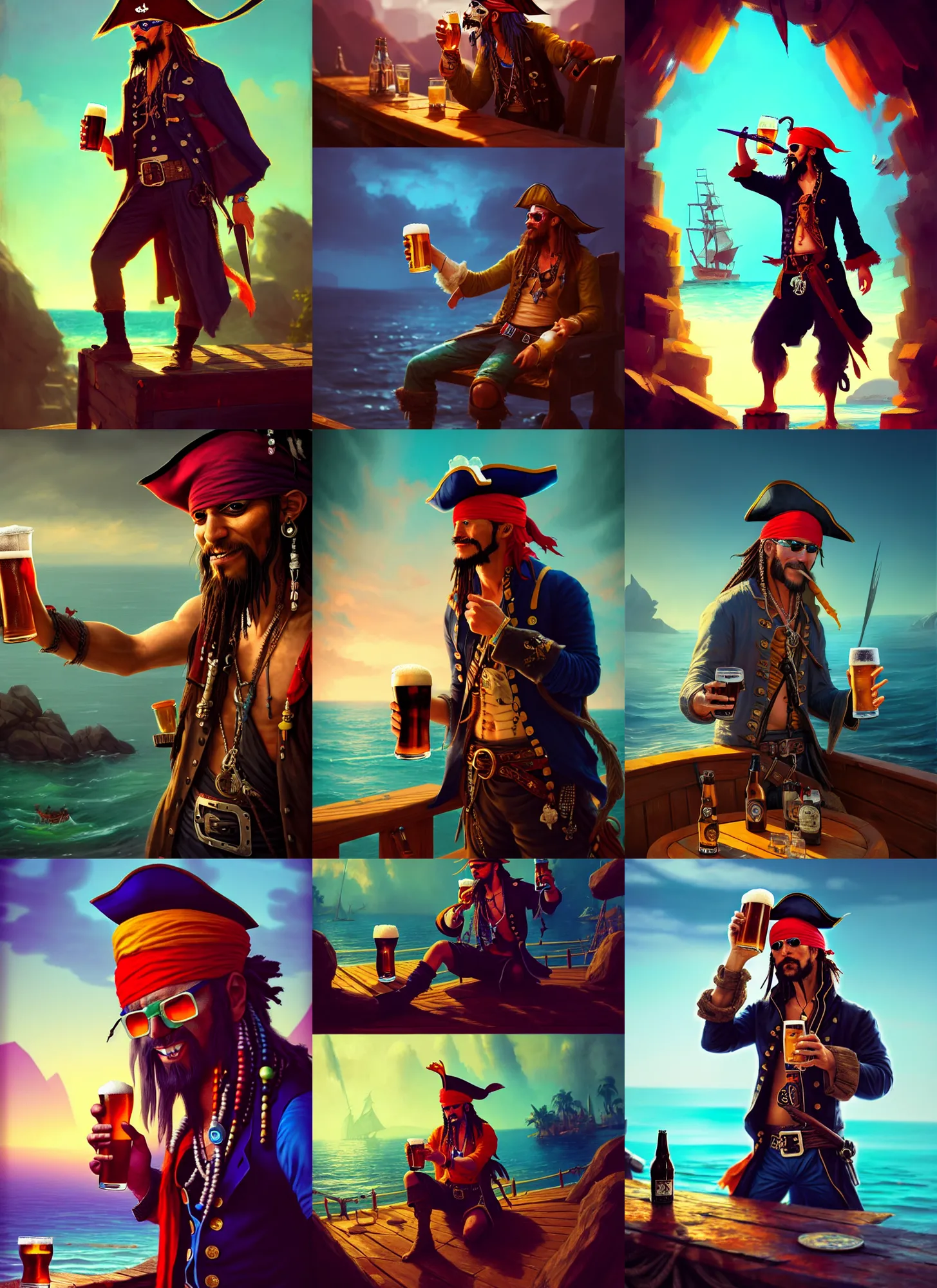 Prompt: a cool looking pirate drinking a beer, colorful, contrast, 3 d scene, greg rutkowski, zabrocki, karlkka, jayison devadas, trending on artstation, 8 k, ultra wide angle, zenith view, pincushion lens effect