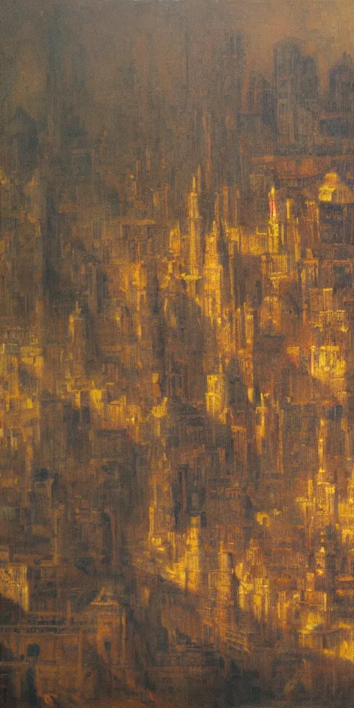 Prompt: an intricate fractal city, afternoon light, oil on canvas, in the style of Rembrandt,