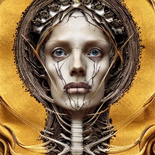 Prompt: portrait of Hecate as a marble statue skeleton, greek mythology, gold crown and filaments, visible fossilized arteries and bones and veins and spine and muscles and nerves, intricate, headshot, highly detailed, digital painting, artstation, concept art, sharp focus, cinematic lighting, illustration, art by artgerm and greg rutkowski, alphonse mucha, cgsociety, chiaroscuro