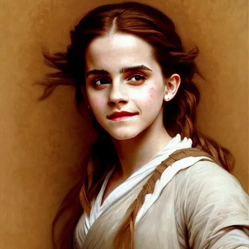 Prompt: Painting of Emma Watson as Hermione Granger. Wearing Hogwarts!!! robes!!!. Smiling. Happy. Cheerful. Art by william adolphe bouguereau. During golden hour. Extremely detailed. Beautiful. 4K. Award winning.