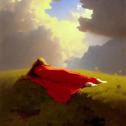 Prompt: girl sleeping on a cloud, beautiful and award winning art, art contest, sharp edges, realistic, impressive colours, by Albert Bierstadt, Jakub Rozalski, 4k