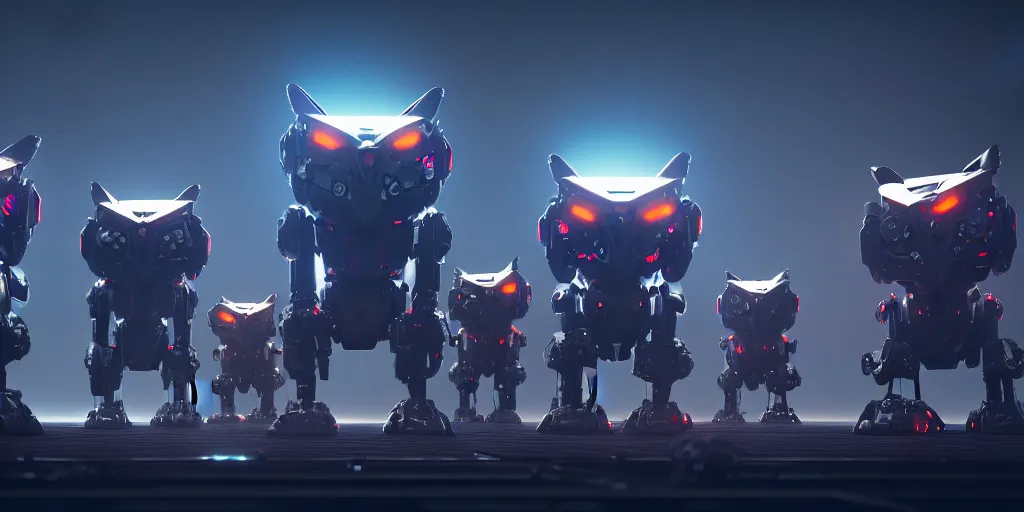 Image similar to an army of evil, malevolent, giant robot mechanical owls surrounded by computers and computer screens. this 4 k hd image is trending on artstation, featured on behance, well - rendered, extra crisp, features intricate detail and the style of unreal engine. volumetric lighting octane render