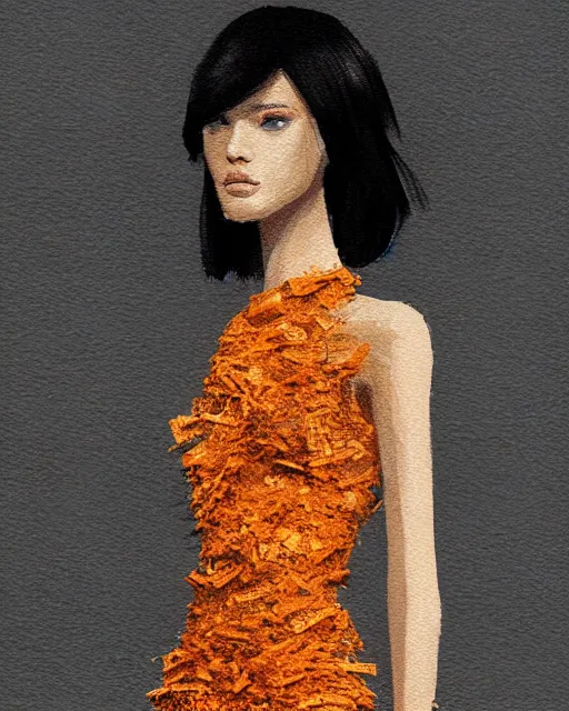 Image similar to multi panel storyboard of olivia wearing an outfit made of orange peels, runway model at new york fashion week, sporty physique, black hair, freckles, pale skin, half body portrait, photo by greg rutkowski, stage lighting, soft colors, female beauty, intricate detail, elegance, 3 5 mm, depth of field, masterpiece