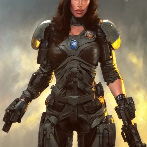 Image similar to Megan Fox as a space soldier, closeup character art by Donato Giancola, Craig Mullins, digital art, trending on artstation