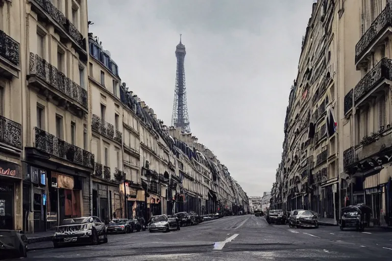 Image similar to photo of the streets of Paris under American domination, US colonization, military occupation, dystopia, science fiction, highly detailed, super realistic, cinematic, intense lighting, apple logo, flags, American military cyborgs, French paranoia