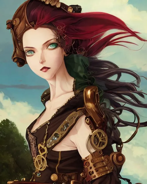 Image similar to a beautiful half body 2D illustration of a young female steampunk pirate wearing leather armor on gold and red trimmings on green, by Charlie Bowater, tom bagshaw, Artgerm and Lois Van Baarle, beautiful anime face, very cool pose, pirate ship with an epic sky background, slightly smiling, cinematic anime lighting and composition, fantasy painting, very detailed, ornate, trending on artstation and pinterest, deviantart, google images