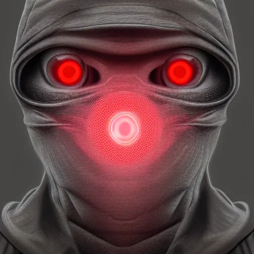 Prompt: a highly detailed headshot portrait of a man wearing a balaclava with a hoodie with glowing red eyes concept art