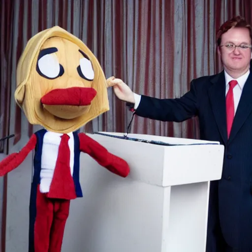 Image similar to puppeteer using marionette of a president in a podium