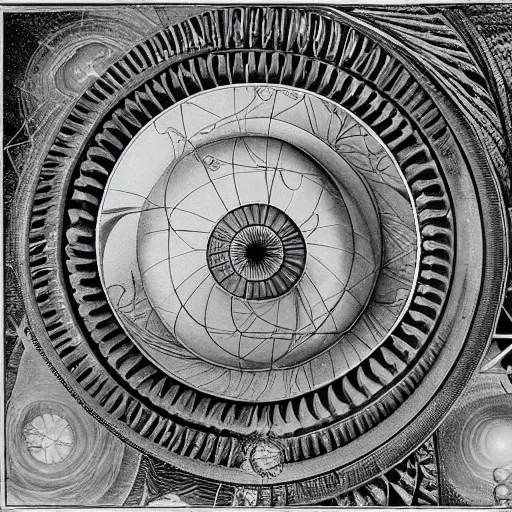Prompt: in the magic of artificial intelligence syntax as witch fibonacci conjures, a crowd of time travellers inside sacred geometry rooms with energy portals and light crowd abductions designed by ernst haeckel spheres floating in landscape, lucasfilm, jacques fresco