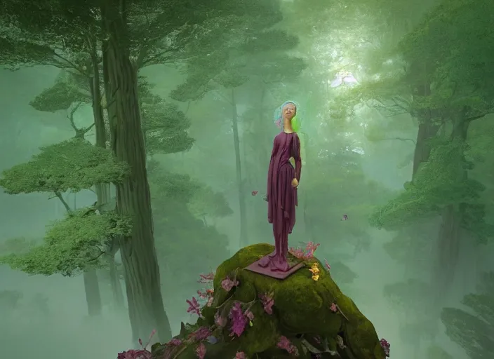 Image similar to a portrait of idealistic marble statue with fractal flowery hair and fair porcelain face and green eyes, in a magical forest, painted by, mc escher, gordon onslow ford, georgia o'keeffe and ivan aivazovsky, cinematic light, god rays, colourful, unreal engine, zbrush central,