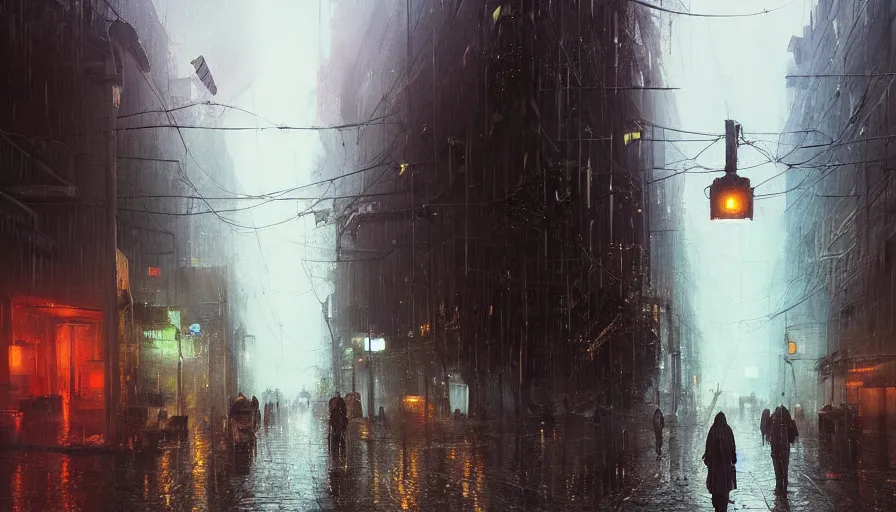 Image similar to A digital painting of a close-up view of a raining cyberpunk street, some street lights and padestrians, by Ismail Inceoglu and Caspar David Friedrich, stunning, photorealistic, highly-detailed, 4k, ue5, light effect, rtx on, realistic, cinematic, IMAX quality, trending on artstation