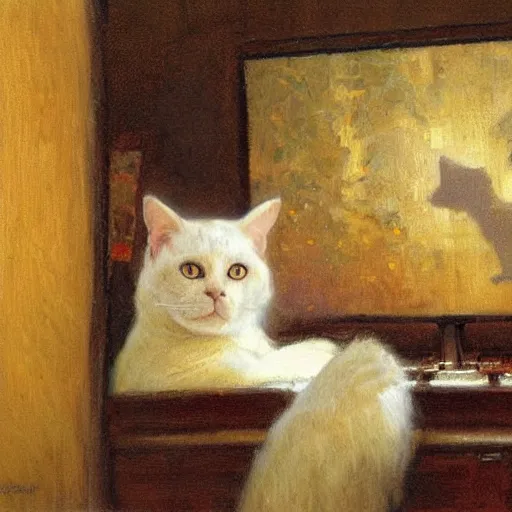 Image similar to a cat watching movie, painting by gaston bussiere, craig mullins