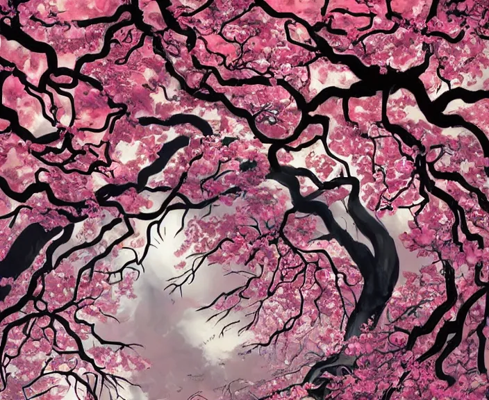 Image similar to cherry blossom jungle with rose petal vines swirling around tree trunks, by shigenori soejima, by frank frazetta, digital painting masterpiece, beautiful brush strokes, advanced lighting technology, symmetry!!!