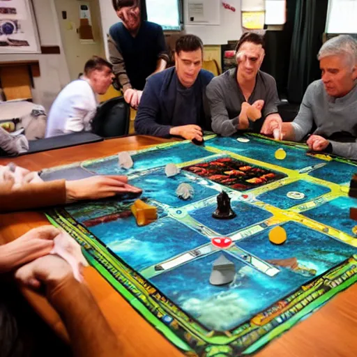 Prompt: playing a board game in a war room, cinematic