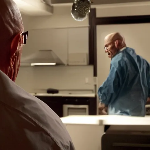 Prompt: A Still from Breaking Bad of Walter White slapping Walter White. Award winning still, shot on a studio grade camera, 4K.