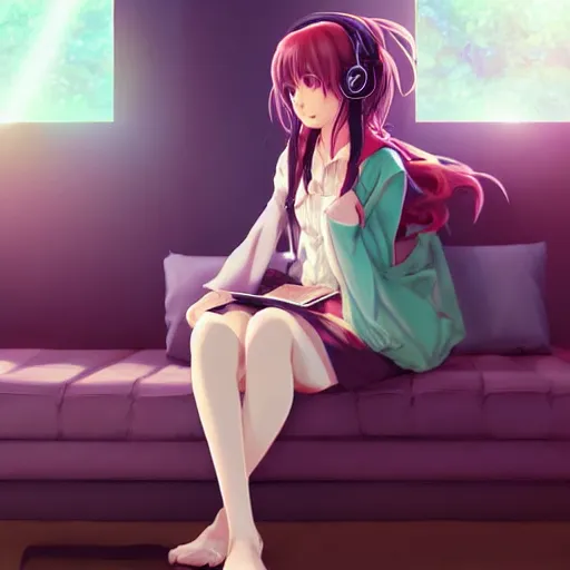 Image similar to anime beautiful girl sits on the sofa and listens to music, the sun shines through the window, highly detailed, 8 k, pixiv, in style of kyoto animation, art by artgerm and cushart krenz