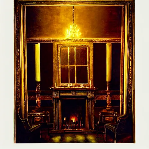 Prompt: grimshaw painting, vampire, candles, mansion, dim room, fireplace, gothic.