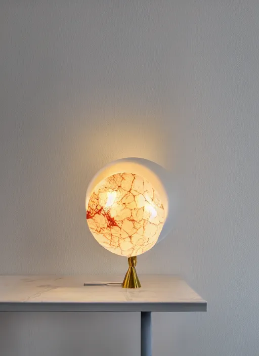 Image similar to A table lamp with a marble base, and a fabric lampshade designed by Petros Afshar