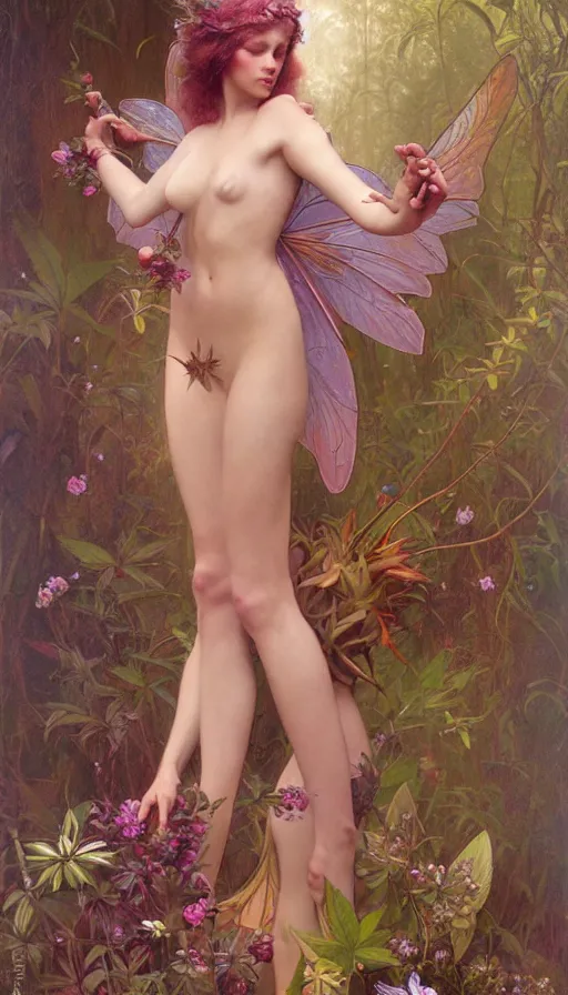 Image similar to hyper realistic weed fairy, plants covering her full body painted by valerie hammond, tom bagshaw, mucha, gaston bussiere, craig mullins, j. c. leyendecker 8 k