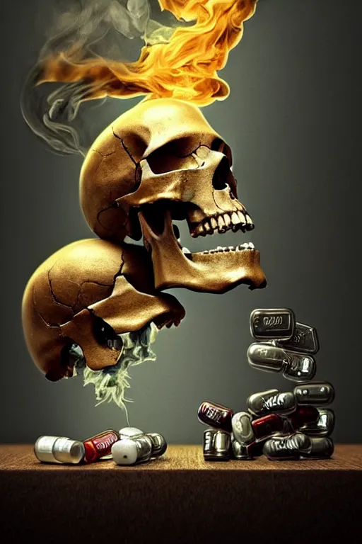 Image similar to stringejä and pile Off pills and a skull on the table, skull made out of smoke coming out of pills, fantasy, intricate, elegant, highly detailed, digital painting, artstation, concept art, smooth, sharp focus, illustration, art by Ilja Repin