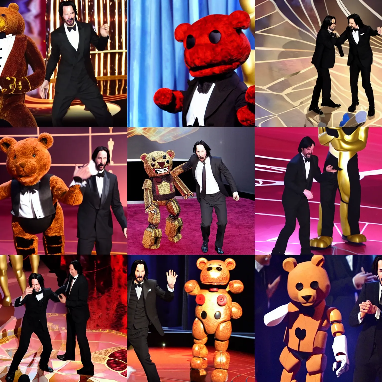 Prompt: Keanu Reeves dancing on stage with Freddy Fazbear at the Oscars, realistic, photograph, event, animatronic