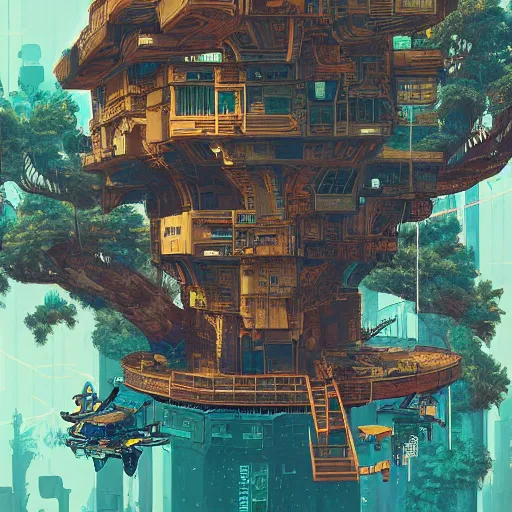 Image similar to Stunningly detailed illustration of a cyberpunk explorer playing video games in his treehouse, highly detailed, 4k octane render, by Victo Ngai, James Gilleard , Moebius, Laurie Greasley