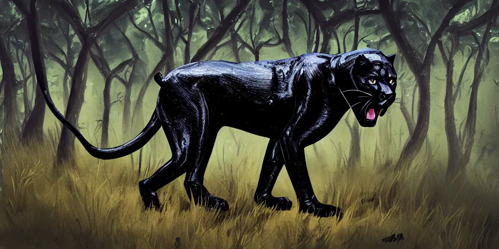 Image similar to a panther, made of smooth black goo, prowling through the forest, viscous, sticky, full of tar, covered with black goo. concept art, painting, animal drawing, color, savanna, wildlife photography, black goo, cinematic, in the style of alan m hunt