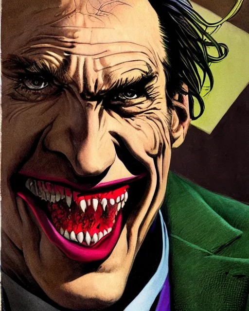 Prompt: portrait of saul goodman as the joker, illustration, art by makoto shinkai and peter elson, bernie wrightson