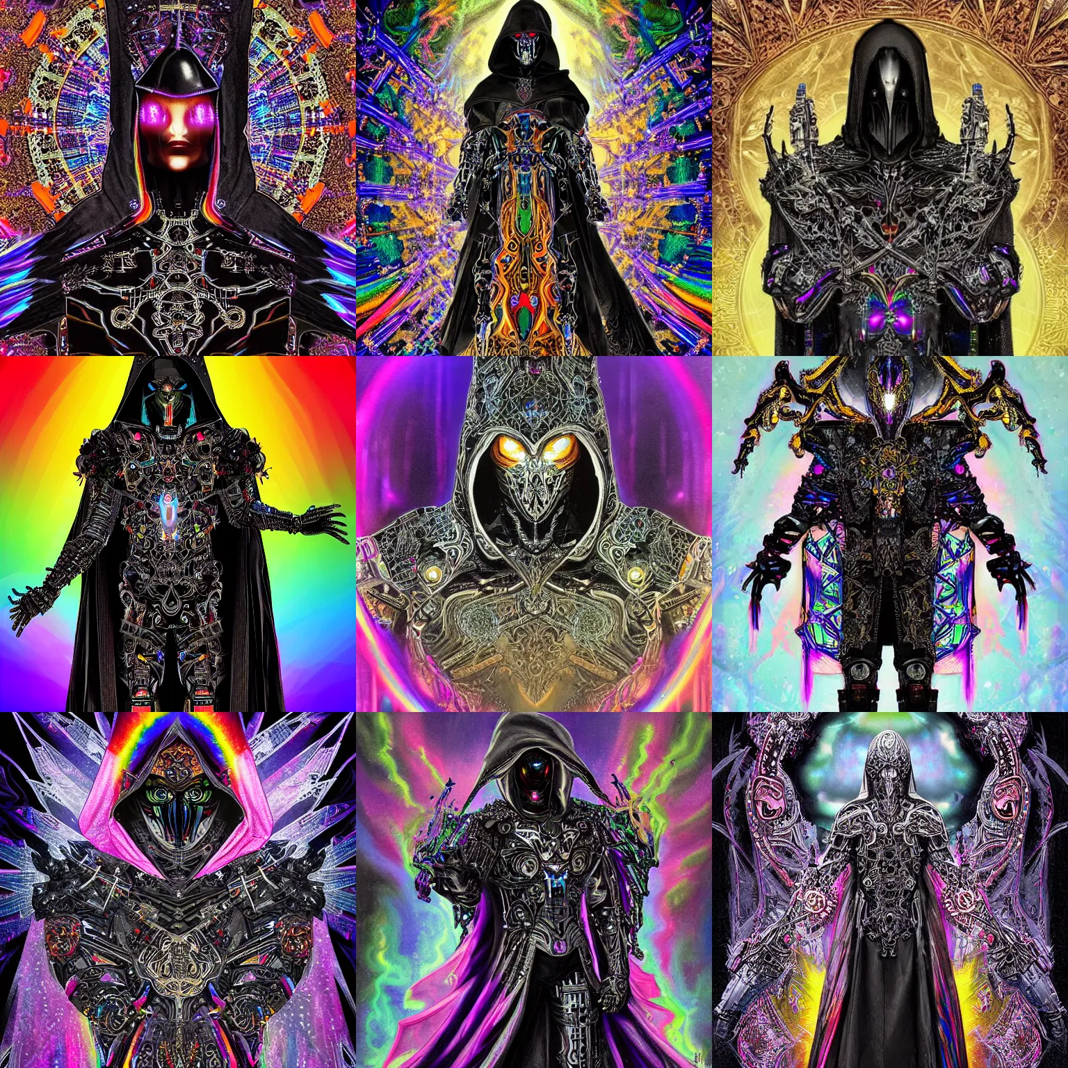 Prompt: An ominous painting of a hooded warrior entity wearing a partially cybernetic intricate ornate black cloak and brandishing a powerful intricate ornate rainbow crystal sword, concept art, futurism, scifi, intricate black armor encrusted in iridescent microchips and ornate precious colorful crystals, highly detailed elegant cybernetic body, iridescent, vivid rainbow of colors, iridescent glistening smoke and fire, digital painting, dark epic megastructure background, artstation, concept art, smooth, symmetric, elegant, ornate, luxury, elite, matte painting, cinematic, trending on artstation, deviantart and cgsociety