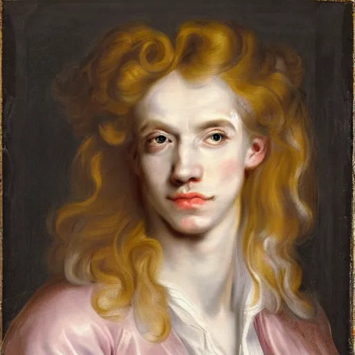 Image similar to beautiful portrait painting of the androgynous prince Lucius with long curly blond hair, very very very pale white skin, delicate young man wearing a wispy pink silk dress smiling sleepily at the viewer, symmetrically parted curtain bangs, in love by Peter Paul Rubens and Seb Mckinnon