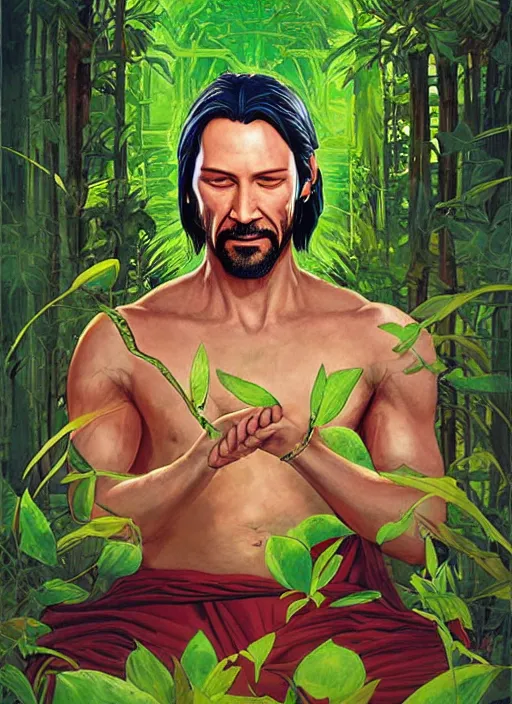 Image similar to a comic book style fantasy portrait painting of Keanu Reaves as a monk meditating in a bright serene lush green temple setting, art by Tristan Eaton, Stanley Artgerm, Tom Bagshaw, Greg Rutkowski, Carne Griffiths