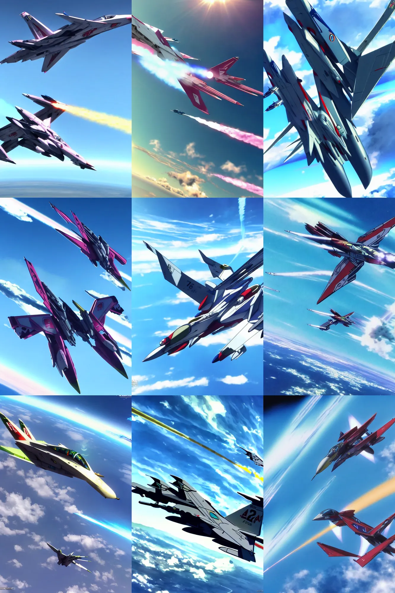 Prompt: An awe inspiring flight shot of a VF25 Messiah in Jet Mode from Macross Frontier soaring through the air on a sunny day with a clear blue sky, anime, Macross Franchise, Macross Frontier, Valkyrie Fighter Jet, sci-fi anime, 3D CGI, mecha anime, no robot