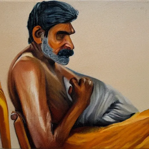 Image similar to Indian man sleeping on a school chair, oil painting