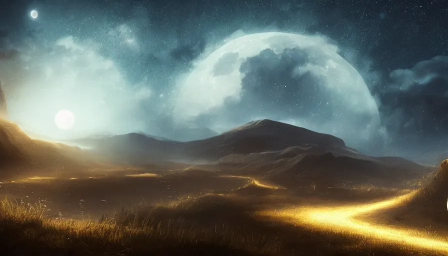 Image similar to a beautiful landscape at night, big moon and stars in the sky, matte painting, dark blue tones, concept art, 4k