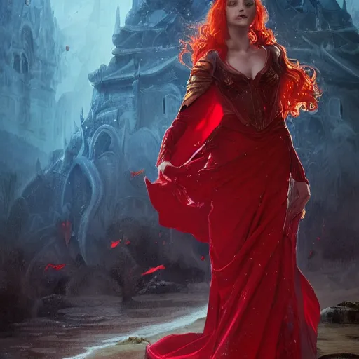 Prompt: portrait of a female draconic sorcerer with curly red hair wearing a red dress and a red cloak throwing a fireball, fantasy, intricate, elegant, extremely detailed, digital painting, artstation, concept art, character art, smooth, sharp focus, illustration, art by greg rutkowski and alphonse mucha