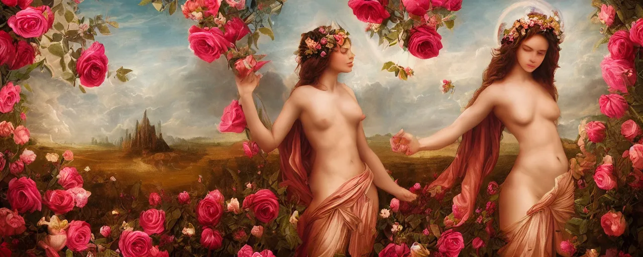 Image similar to the Divine Feminine standing in a field of Roses, Beautiful, Crown of the Gods, Woman, All Races, All Cultures, Female, Birth of creation, Mother Earth, Divinity, Hope, Ethereal, Renaissance Painting, Atmospheric Lighting, artstation trending