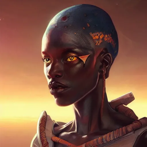 Image similar to african space pirate, science fiction, highly detailed, digital painting, beautiful eyes, symmetry, concept art, sharp focus, illustration, global illumination, radiant light, detailed and intricate environment, art by artgerm and greg rutkowski and magali villeneuve and ilya kuvshinov!