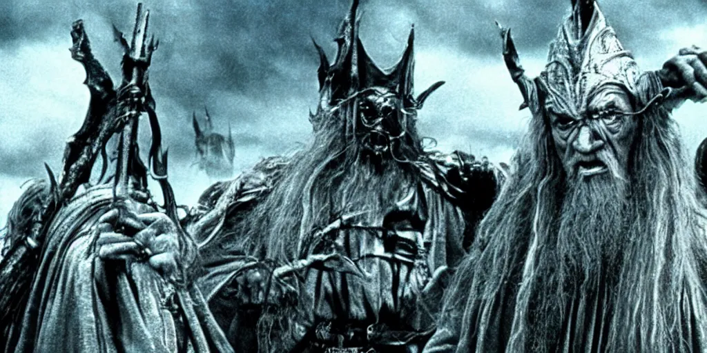 Image similar to movie still from the lord of the rings, directed by ridley scott in the style of h. r. giger, gandalf wearing a tall steel crown, resting against a twisted metal staff, dark, cinematic, cinemascope, highly detailed