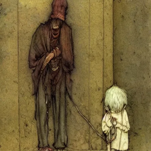 Image similar to dilapidated man begging with ragged mutt on streetcorner. illustration by Brian Froud and John Bauer