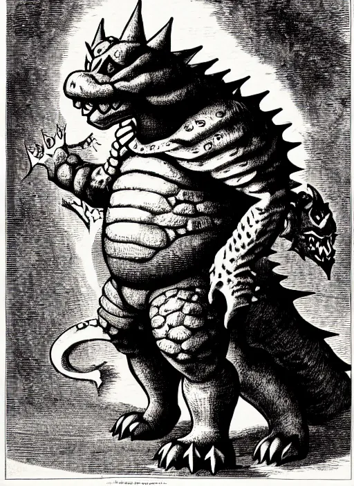 Image similar to illustration of bowser the king koopa as a demon from the dictionarre infernal, etching by louis le breton, 1 8 6 9, 1 2 0 0 dpi scan, ultrasharp detail, clean scan