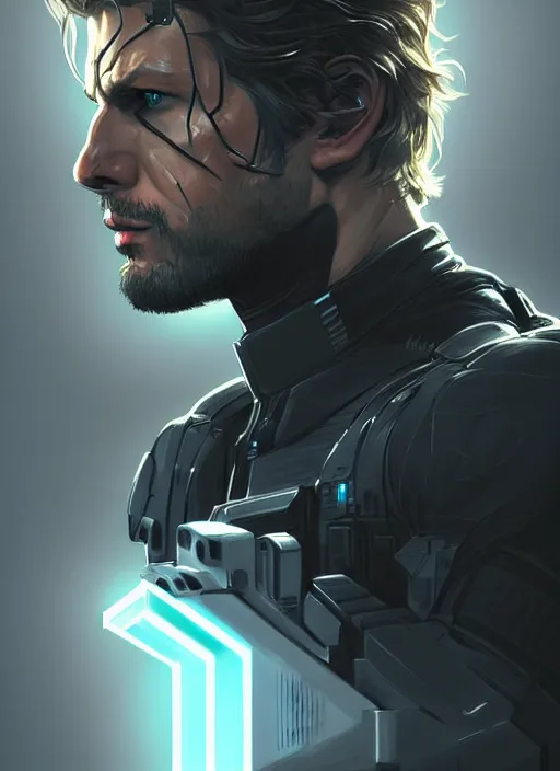 Image similar to symmetry!! portrait of solid snake, metal gear solid, tech wear, glowing lights!! intricate, elegant, highly detailed, digital painting, artstation, concept art, smooth, sharp focus, illustration, art by artgerm and greg rutkowski and alphonse mucha