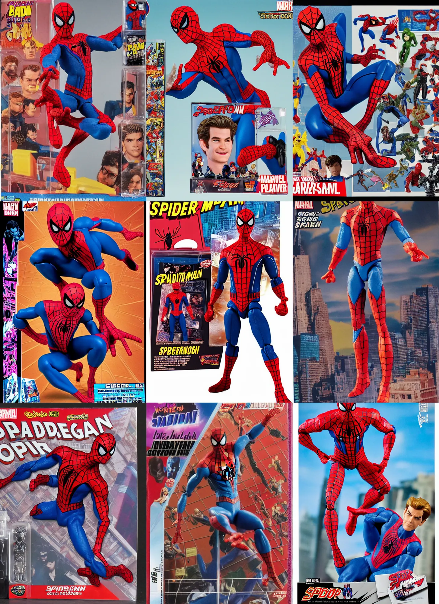 Prompt: 9 0 s toybiz action figure boxart of andrew garfield's amazing spider - man