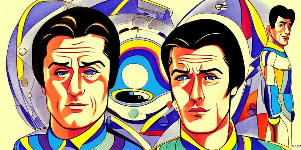 Image similar to traditional drawn colorful animation a symmetrical portrait of Alain Delon Stallone from 1960 60s pilot in posing in spaceship station planet captain bridge, сomet tail, outer worlds, robots, extraterrestrial hyper contrast well drawn in Jean Henri Gaston Giraud animation film The Masters of Time FANTASTIC PLANET La planète sauvage animation by René Laloux